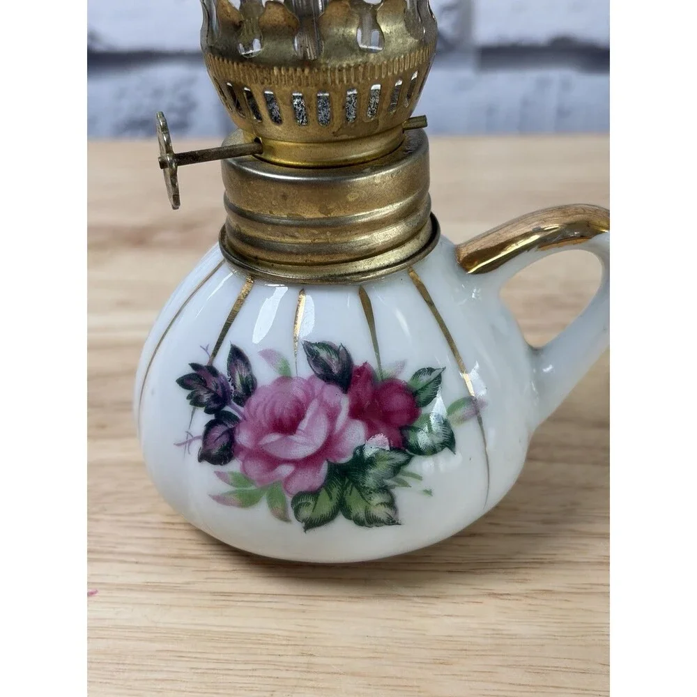 Napco China Rosebud Oil Lamp Finger Lamp Gold 8” Mini Hurricane Lamp Unused Vtg